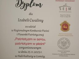 Wyróżnienie w Regionalnym Konkursie Pieśni i Piosenki Patriotycznej "Patriotyzm w sercu, patriotyzm w pieśni" 